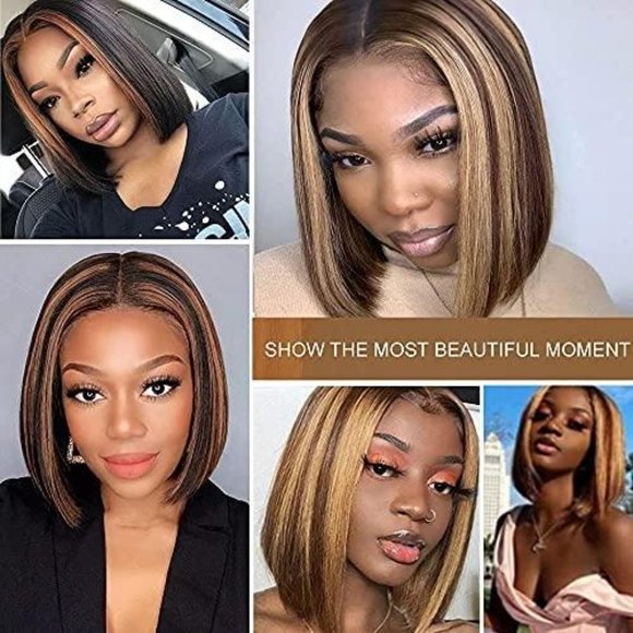 Short Straight Bob Highlights T Lace Front Wigs - Picture 4 of 8